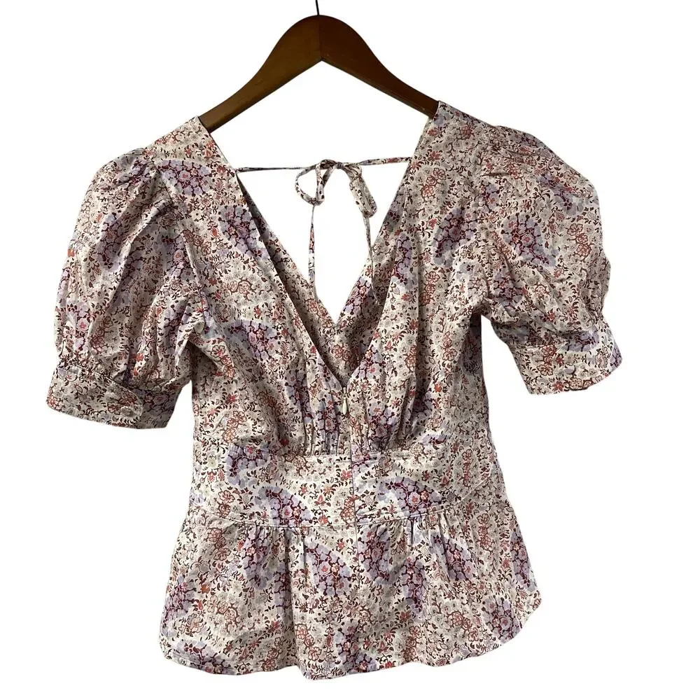 J Crew Collection Puff Sleeve Peplum Top Size 00 Floral Print